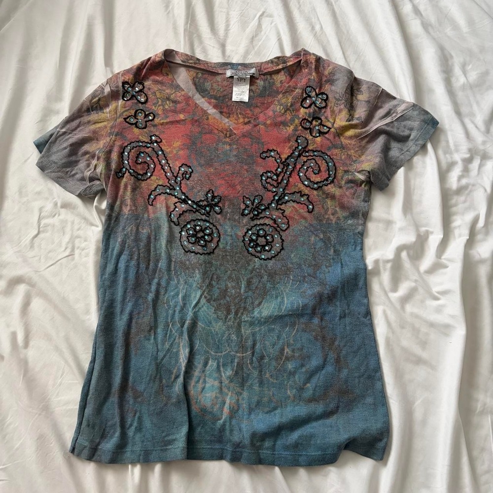 Y2K Spy Zone Exchange beaded floral graphic tee Size Medium Whimsygoth